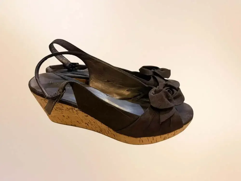 X Appeal Brown Fabric Slingback Wedge Heels with Camellia Flower Detail